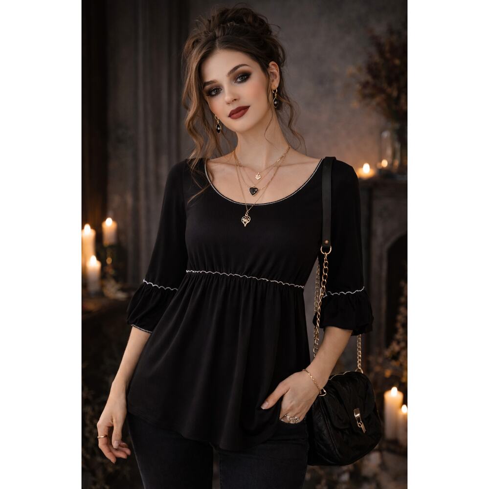 Black Empire Waist Blouse Top Size M Elastic Waist Puff Sleeve Romantic Goth